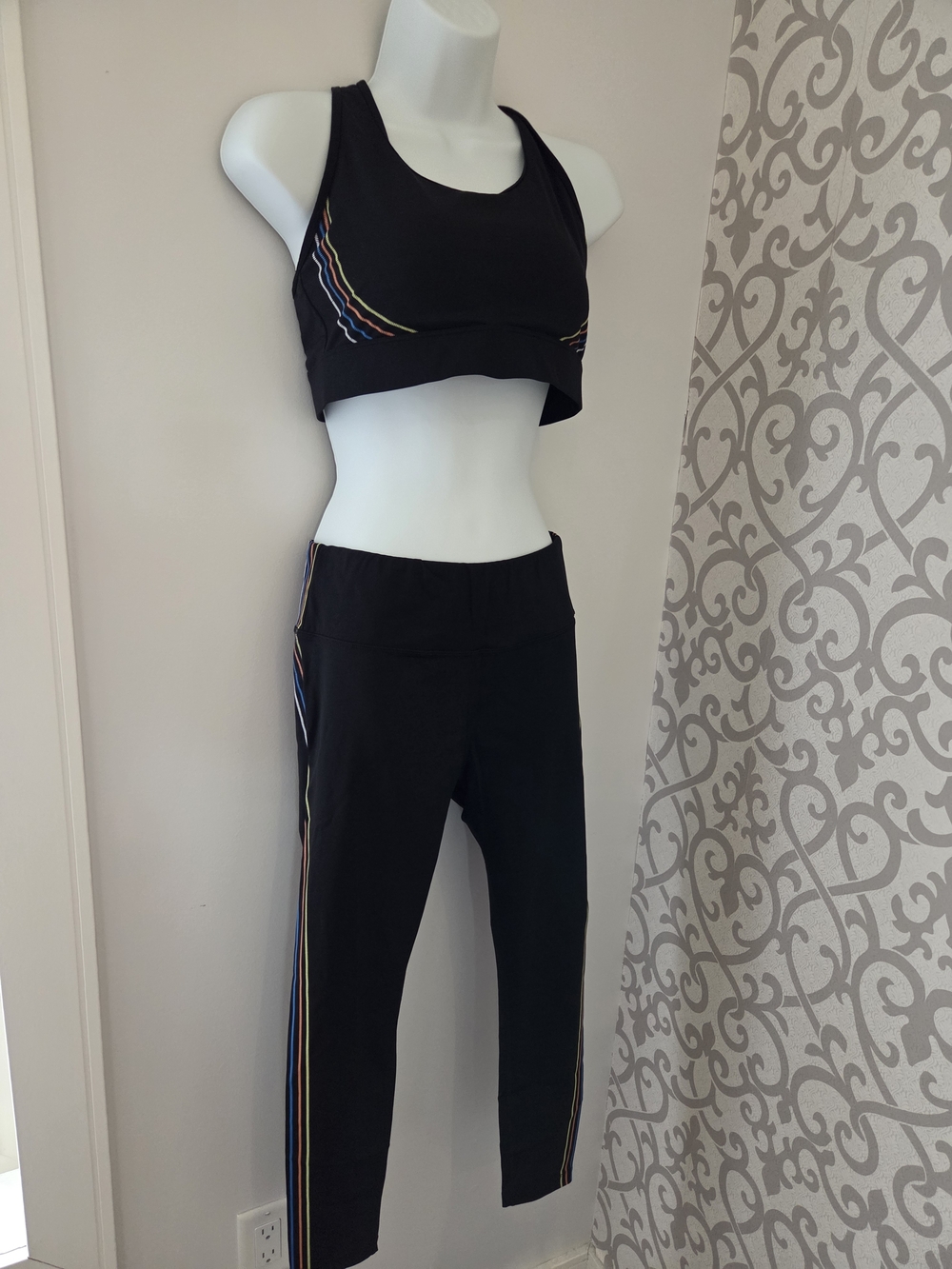 ZYIA Black Crop Leggings and Sports Bra with Rainbow Side Stripes